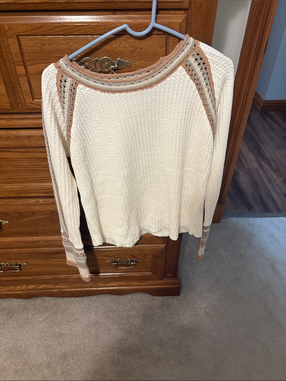 Mystree Cream Scoop-Neck Sweater with Tan Trim